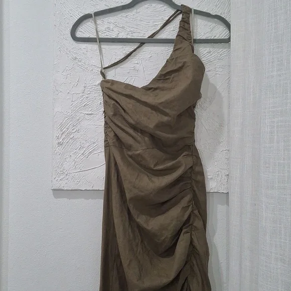 ZARA RUCHED ASYMMETRICAL LINEN BLEND DRESS - Picture 10 of 14